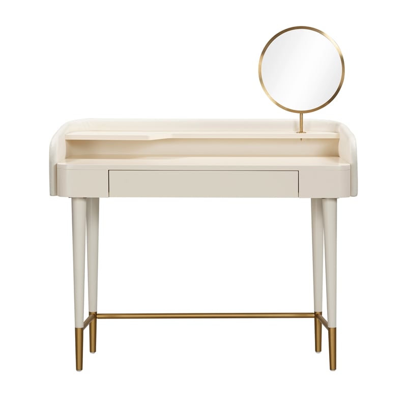 Pemberly Row Transitional Vegan Leather & Wood Vanity Desk in Cream