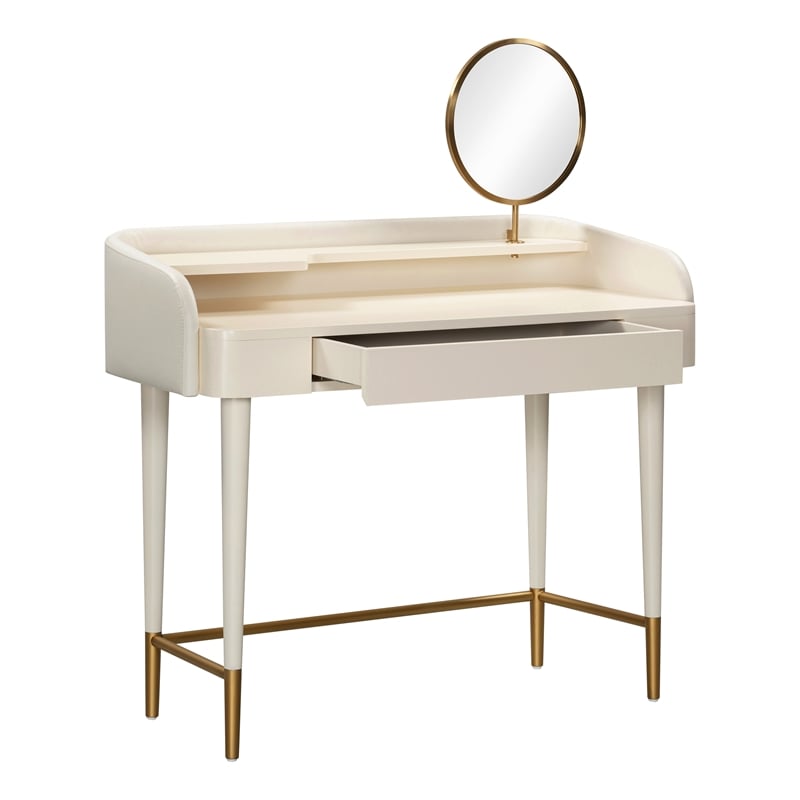 Pemberly Row Transitional Vegan Leather & Wood Vanity Desk in Cream