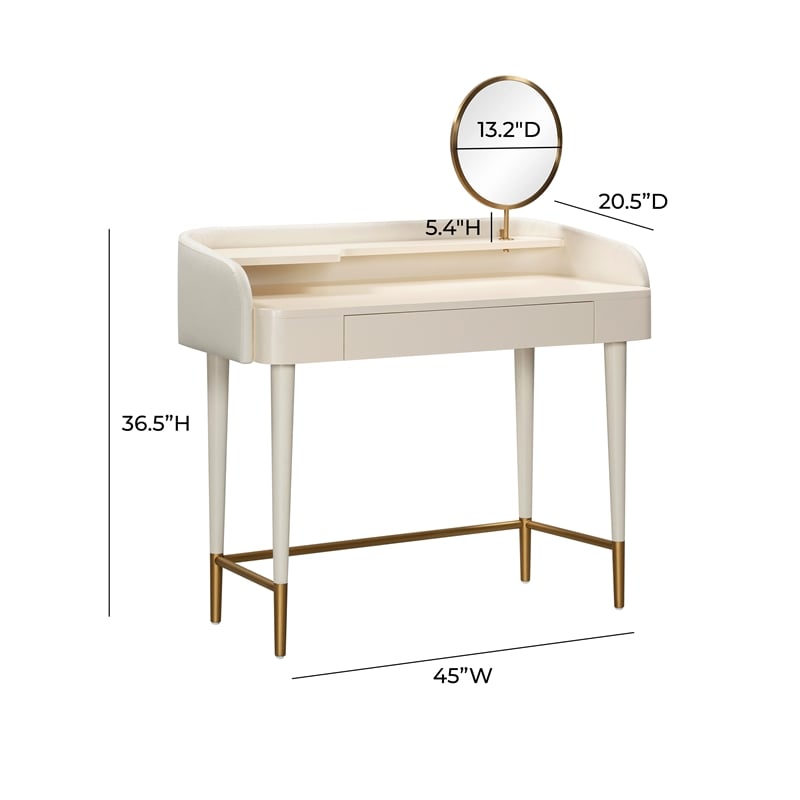 Pemberly Row Transitional Vegan Leather & Wood Vanity Desk in Cream