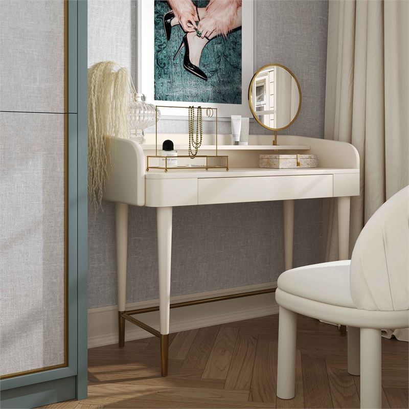 Pemberly Row Transitional Vegan Leather & Wood Vanity Desk in Cream