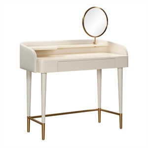 Pemberly Row Transitional Vegan Leather & Wood Vanity Desk in Cream