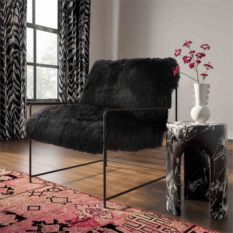Pemberly Row Handmade Transitional Black Genuine Sheepskin Chair