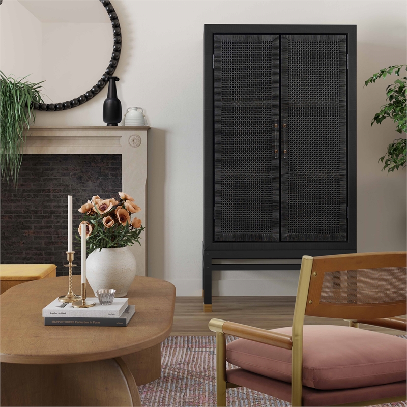 Pemberly Row Handmade Modern Coastal Charcoal Woven Rattan Cabinet
