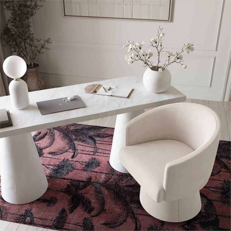 Pemberly Row Contemporary Cream Upcycled Chenille Rolling Desk Chair