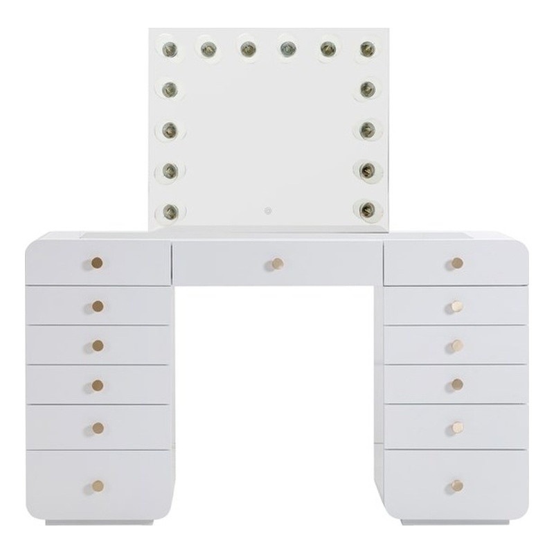 Pemberly Row Transitional Hollywood White Desk with Vanity Mirror