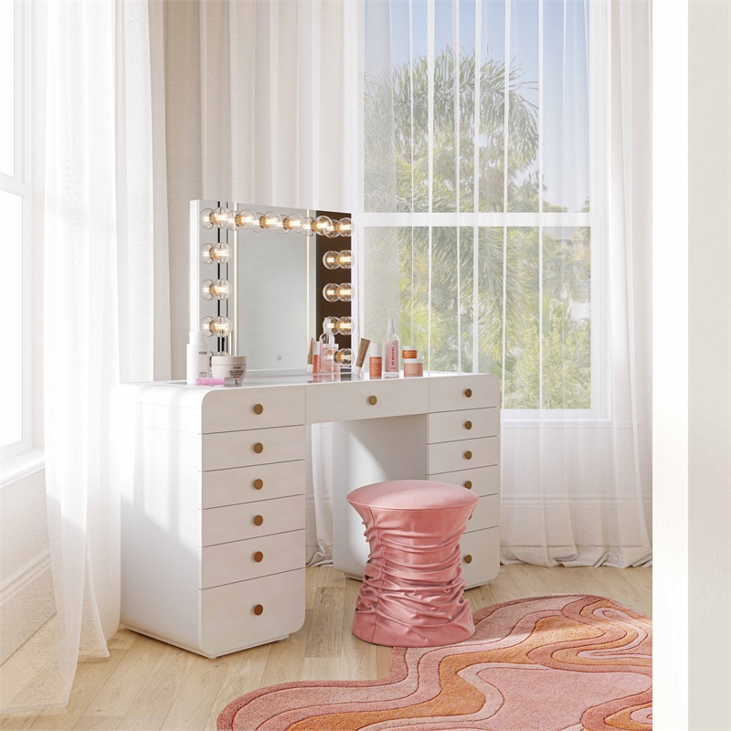 Pemberly Row Transitional Hollywood White Desk with Vanity Mirror