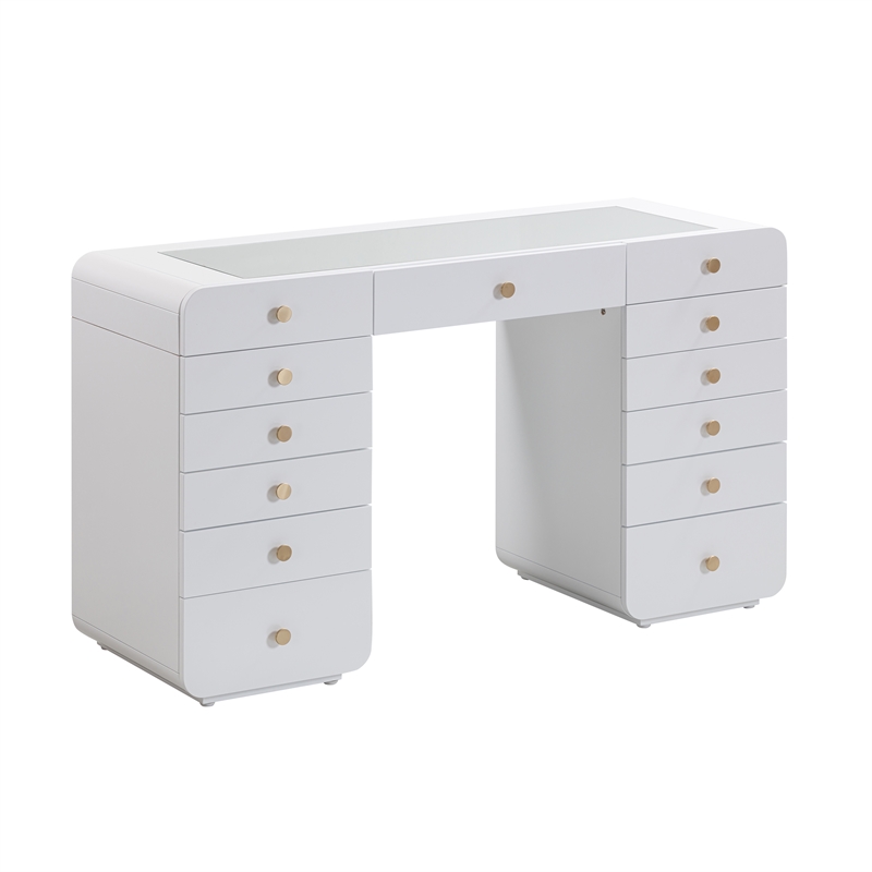 Pemberly Row Transitional Hollywood White Desk with Vanity Mirror
