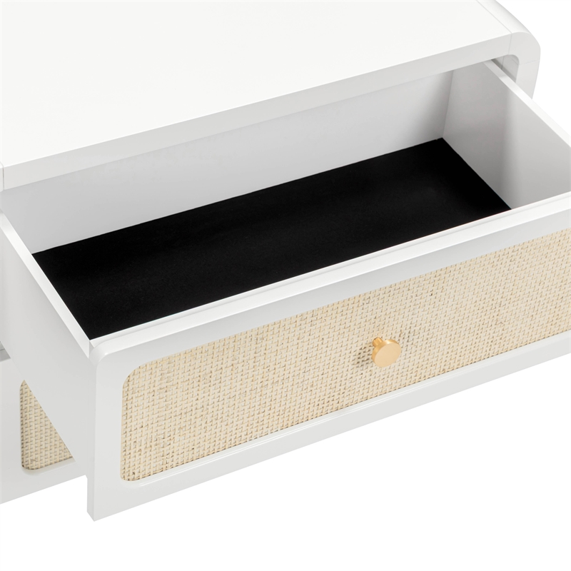 Pemberly Row Contemporary White Finish Rattan 2 Drawer Nightstand