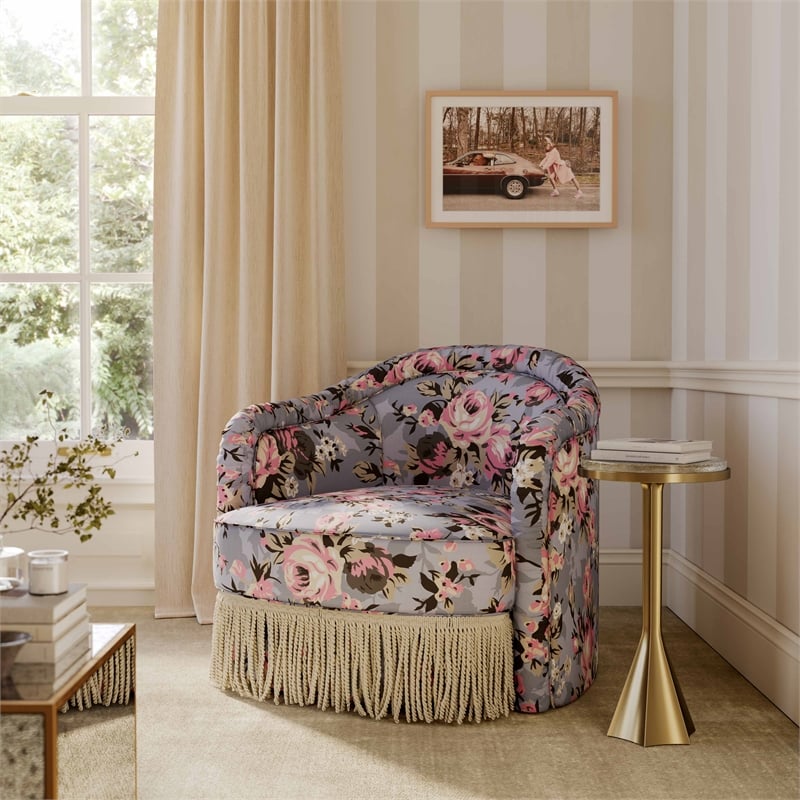 Pemberly Row Traditional Spring Floral Print Tasseled Lounge Chair