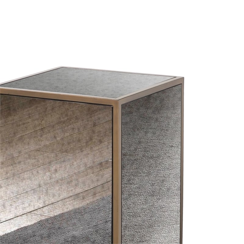Pemberly Row Transitional Antique Brass Mirrored Glass Side Table