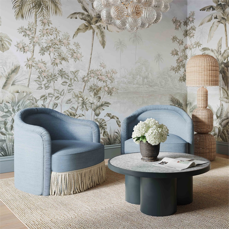 Pemberly Row Transitional Faded Blue Recycled Fabric Tassel Lounge Chair