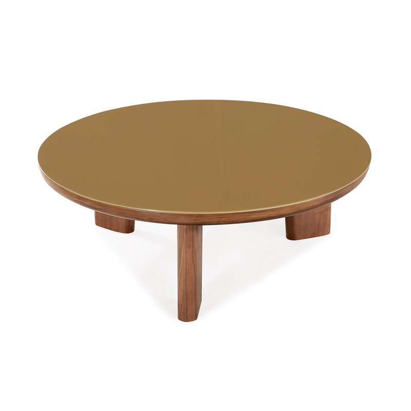 Pemberly Row Contemporary Walnut and Glass Round Coffee Table