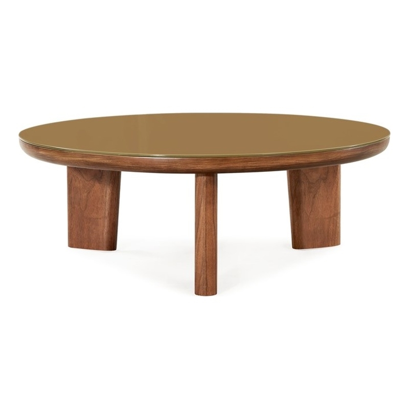 Pemberly Row Contemporary Walnut and Glass Round Coffee Table