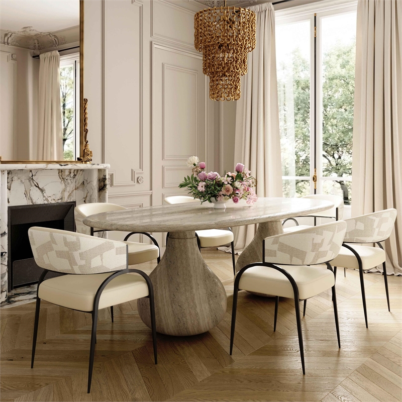 Pemberly Row Cream Vegan Leather and 2-Tone Jacquard Dining Chair