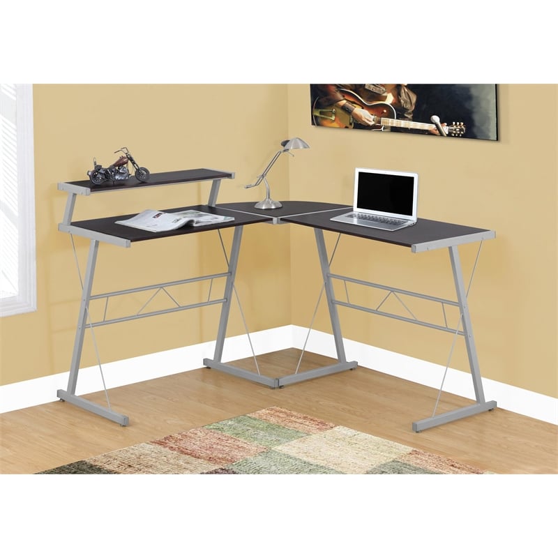 Pemberly Row Corner Computer Desk Home Office L-Shape Metal Brown Grey