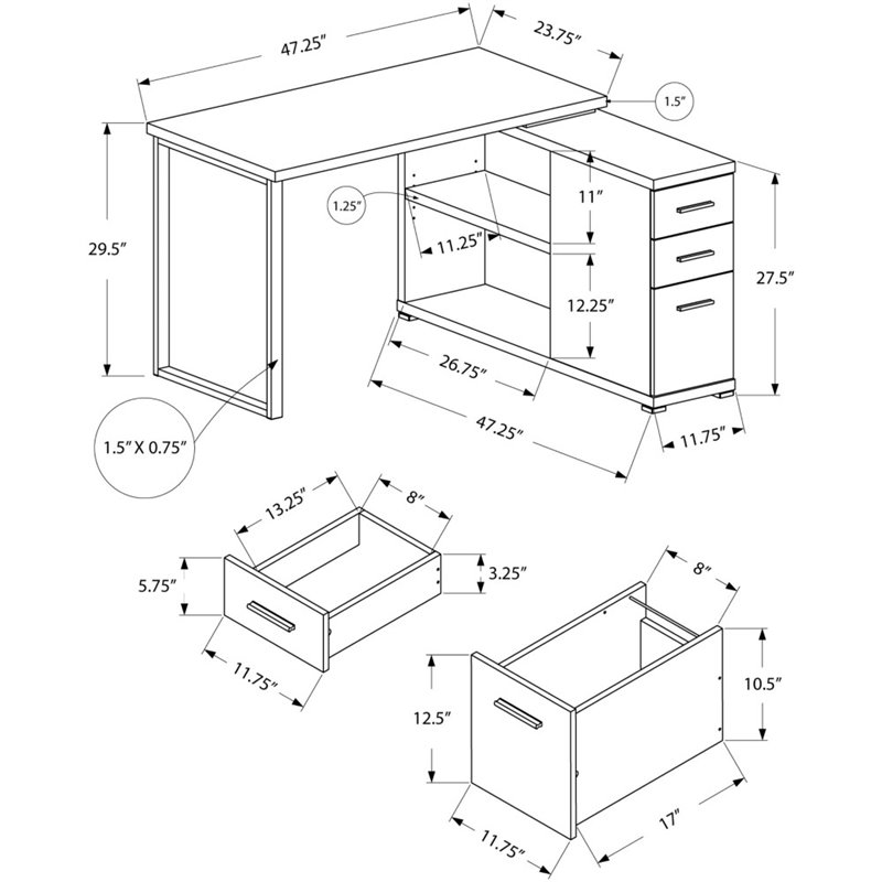Pemberly Row Corner Computer Desk Home Office L-Shape Metal Black