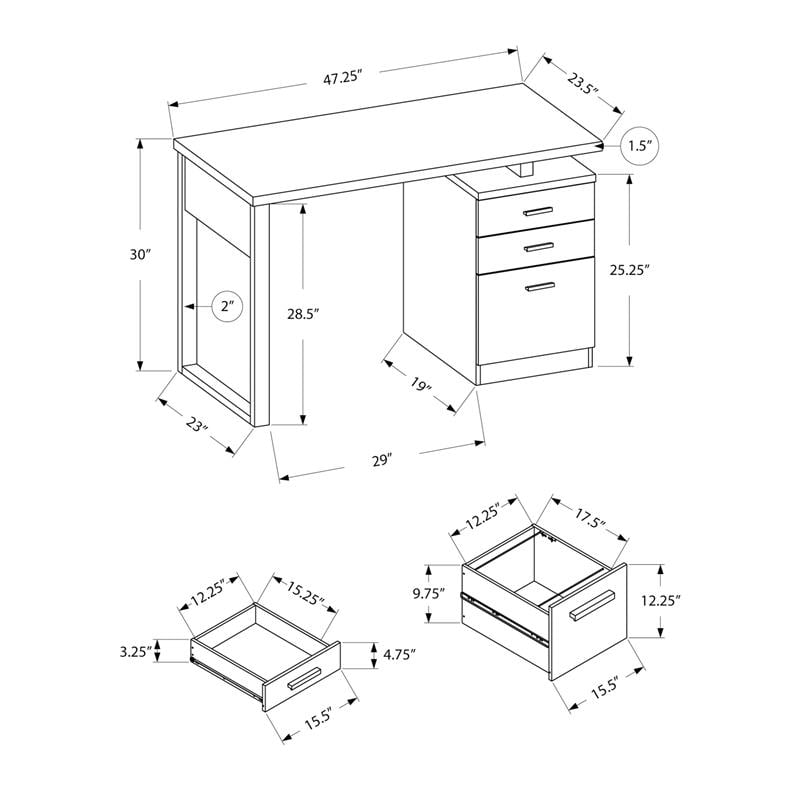 Pemberly Row Computer Desk Home Office Laptop Storage Drawers 48