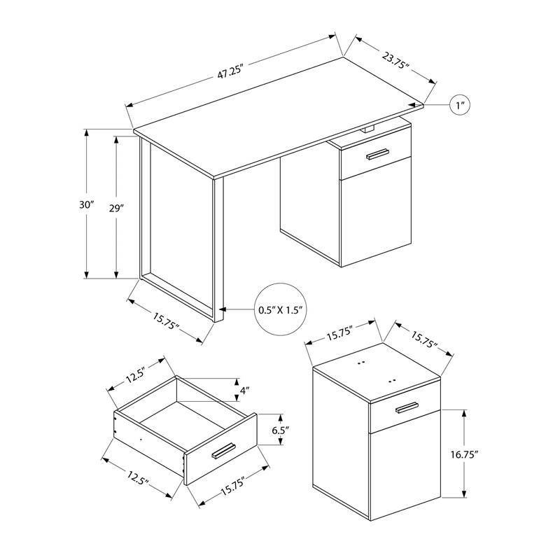 Pemberly Row Computer Desk Home Office Laptop Storage Drawers 48