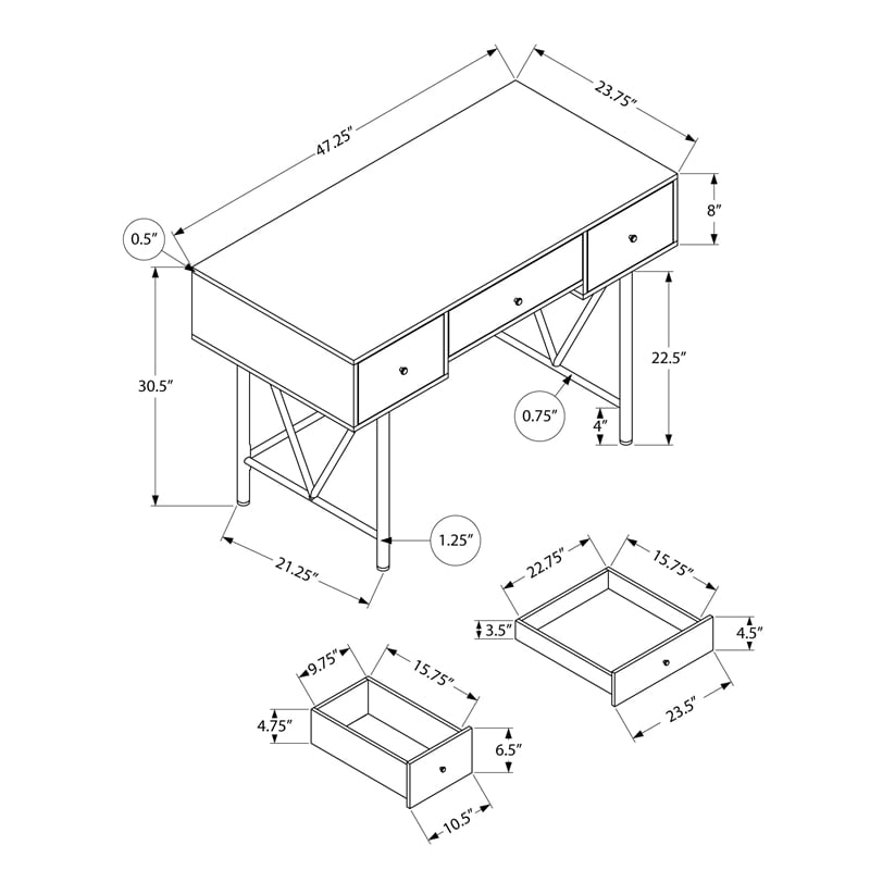 Pemberly Row Computer Desk Home Office Laptop Storage Drawers 48