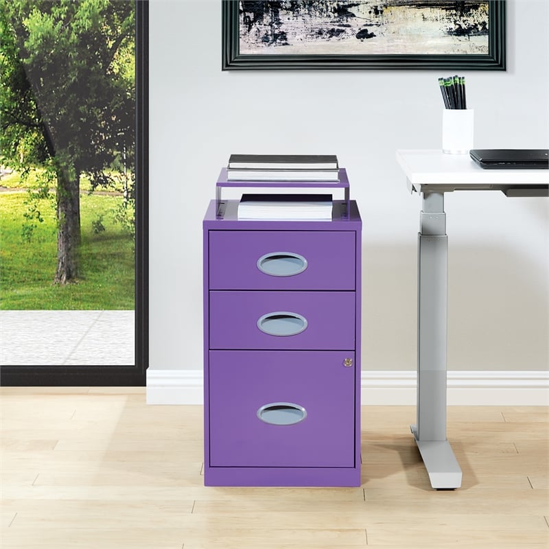 Pemberly Row 3-Drawers Locking Metal File Cabinet with Top Shelf in Purple