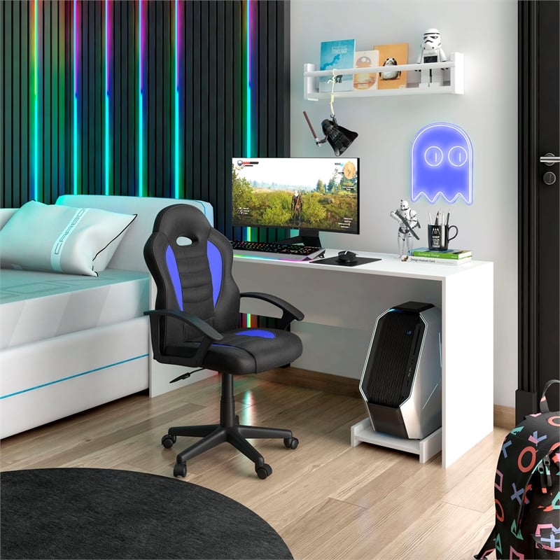 Pemberly Row Faux Leather Kids Gaming and Student Racer Chair in Blue/Black