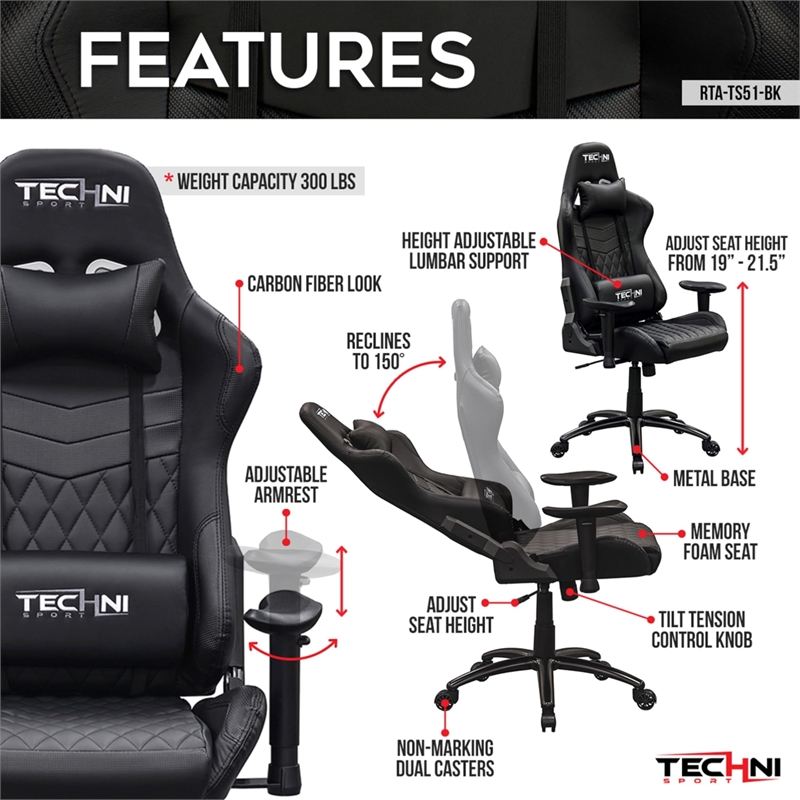 Pemberly Row Ergonomic High-Back Racer Style Gaming Chair in Black