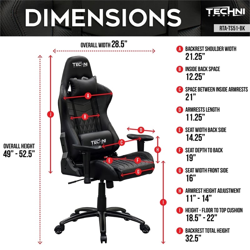 Pemberly Row Ergonomic High-Back Racer Style Gaming Chair in Black