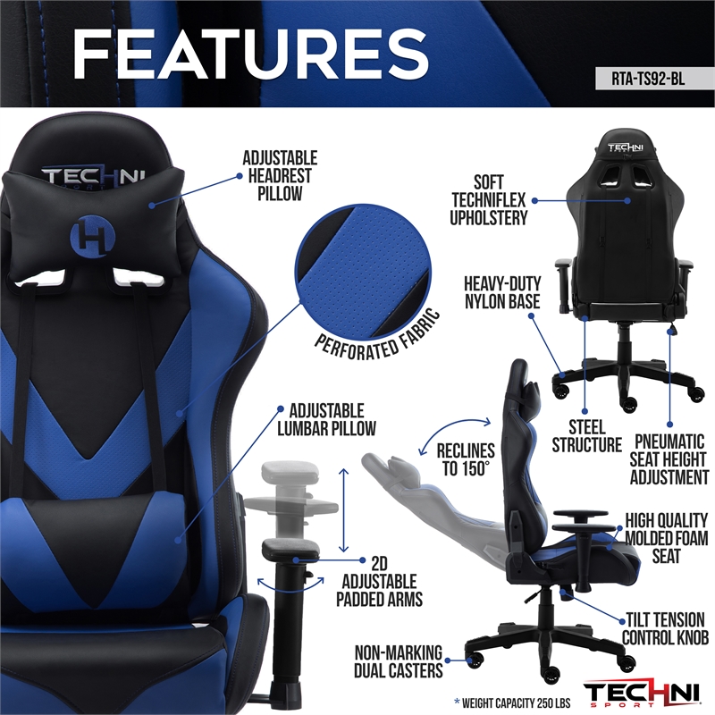 Pemberly Row Polyurethane and Steel Frame Office-PC Gaming Chair in Blue