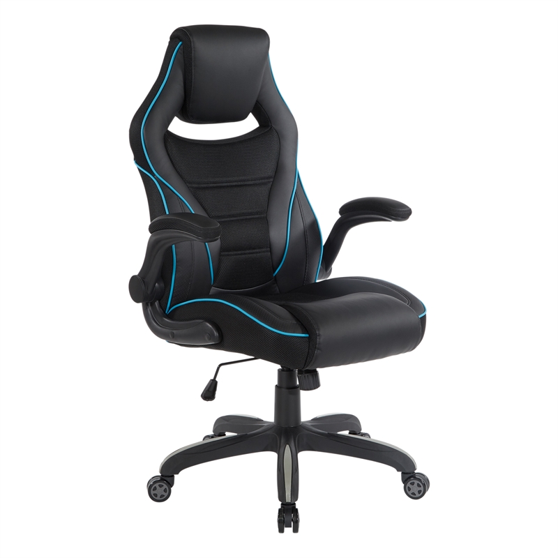 Pemberly Row Modern Gaming Chair in Black and Blue Faux Leather