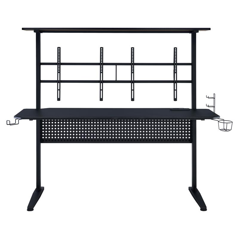 Pemberly Row Wood Top Gaming Table with 2 Metal Screen Holders in Black