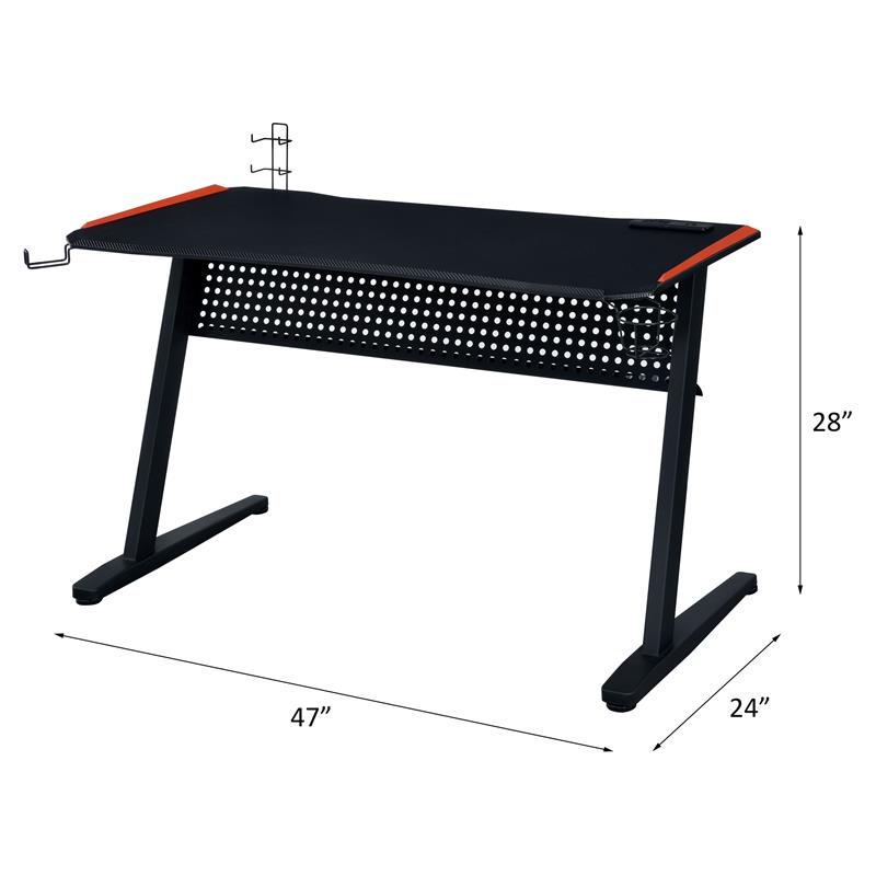 Pemberly Row Metal Frame Gaming Table with USB Port & LED Light in Black & Red