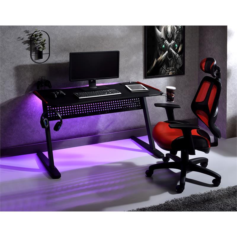 Pemberly Row Metal Frame Gaming Table with USB Port & LED Light in Black & Red