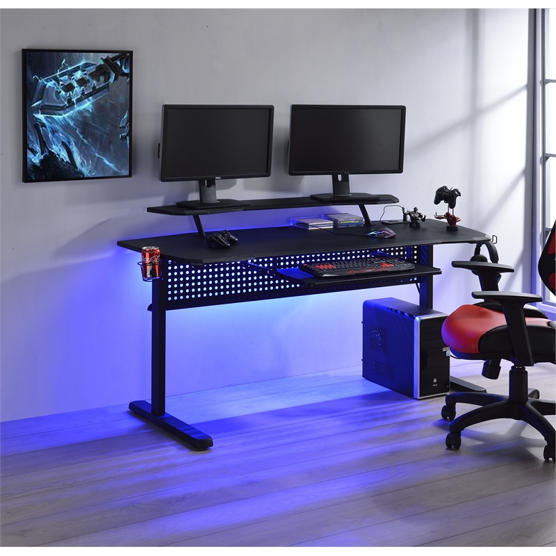 Pemberly Row Metal Frame Gaming Table with USB Port and LED Light in Black