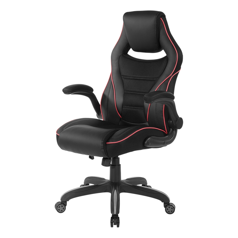 Pemberly Row Gaming Chair in Black Faux Leather with Red Trim