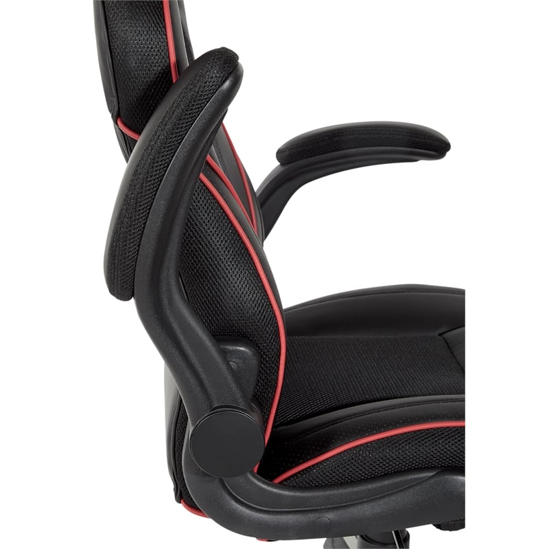 Pemberly Row Gaming Chair in Black Faux Leather with Red Trim