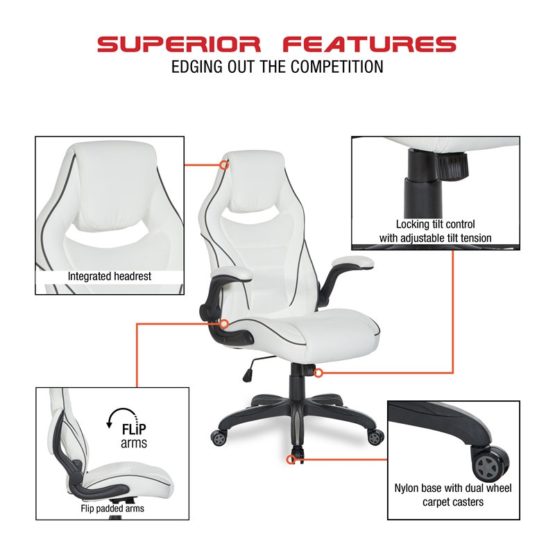 Pemberly Row Gaming Chair in Black Faux Leather with Red Trim