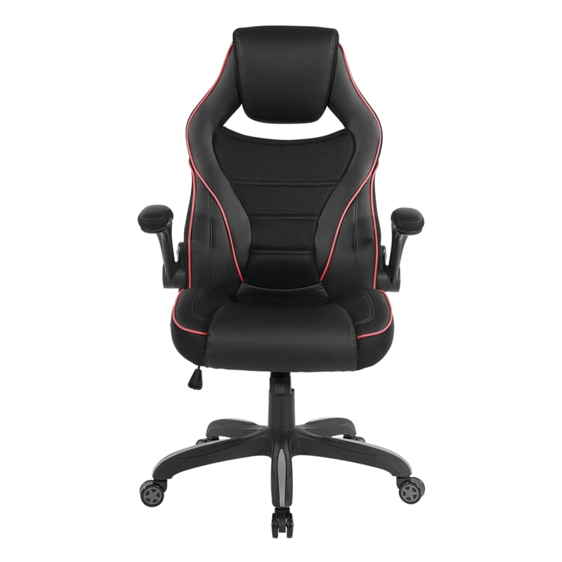 Pemberly Row Gaming Chair in Black Faux Leather with Red Trim