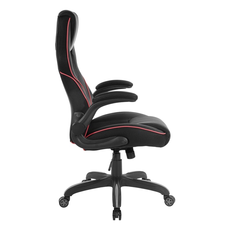 Pemberly Row Gaming Chair in Black Faux Leather with Red Trim