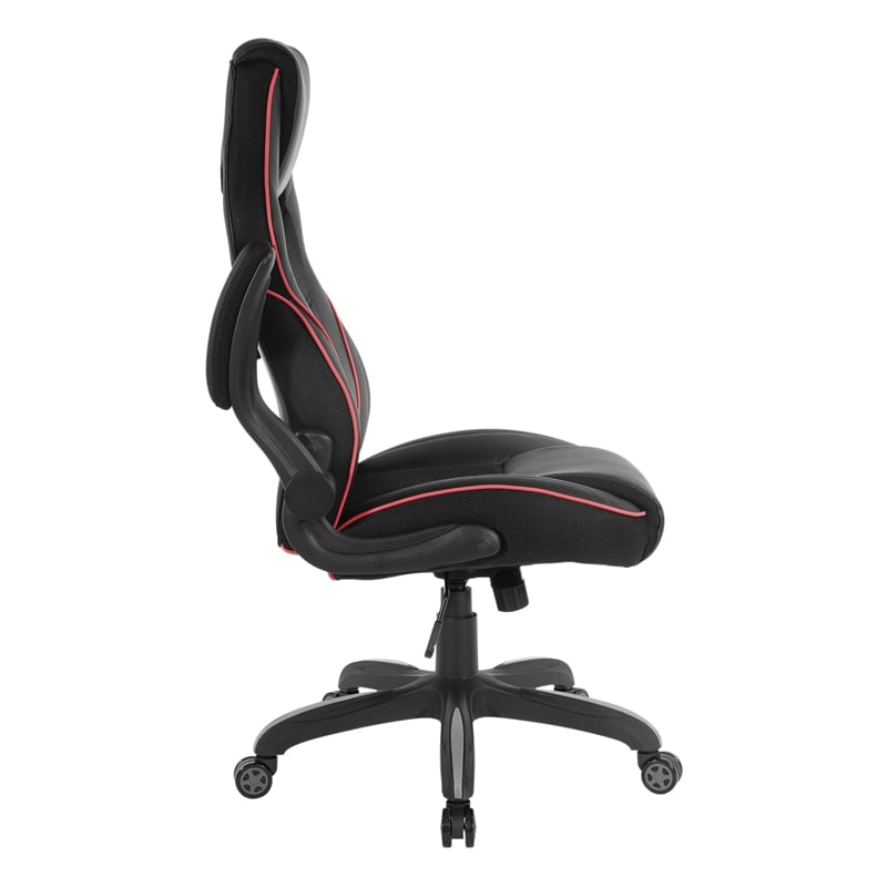 Pemberly Row Gaming Chair in Black Faux Leather with Red Trim