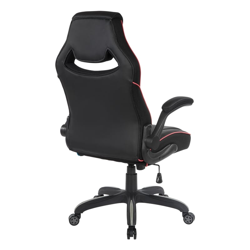 Pemberly Row Gaming Chair in Black Faux Leather with Red Trim