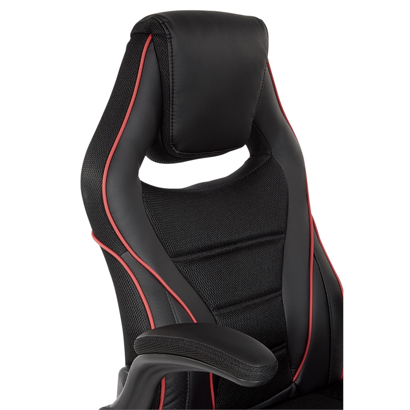 Pemberly Row Gaming Chair in Black Faux Leather with Red Trim