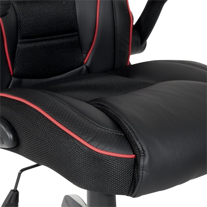 Pemberly Row Gaming Chair in Black Faux Leather with Red Trim