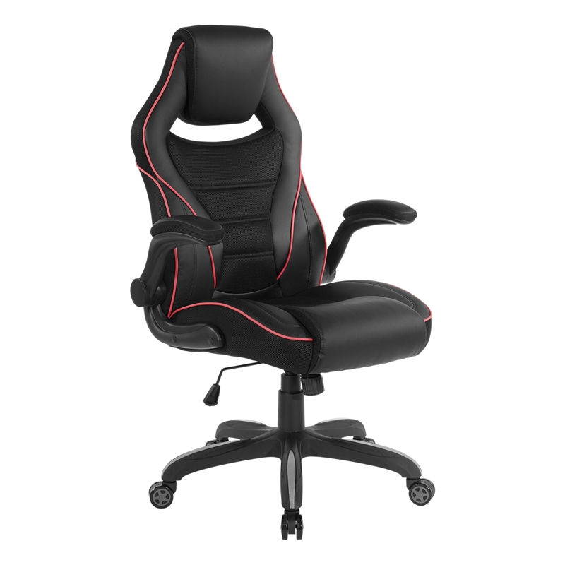 Pemberly Row Gaming Chair in Black Faux Leather with Red Trim