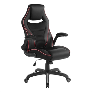 Pemberly Row Gaming Chair in Black Faux Leather with Red Trim