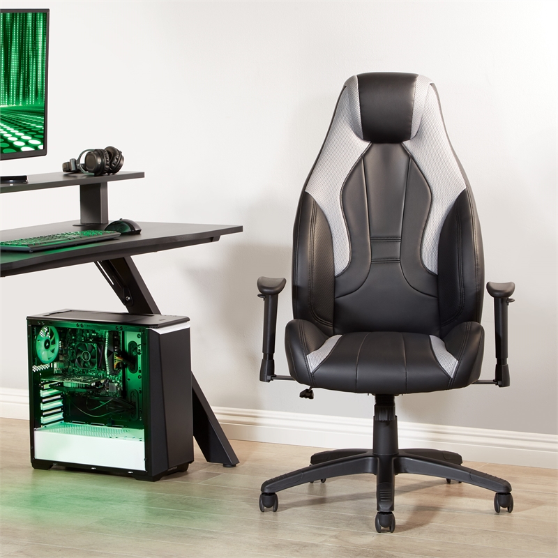 Pemberly Row Gaming Chair in Black Faux Leather and Gray Accents