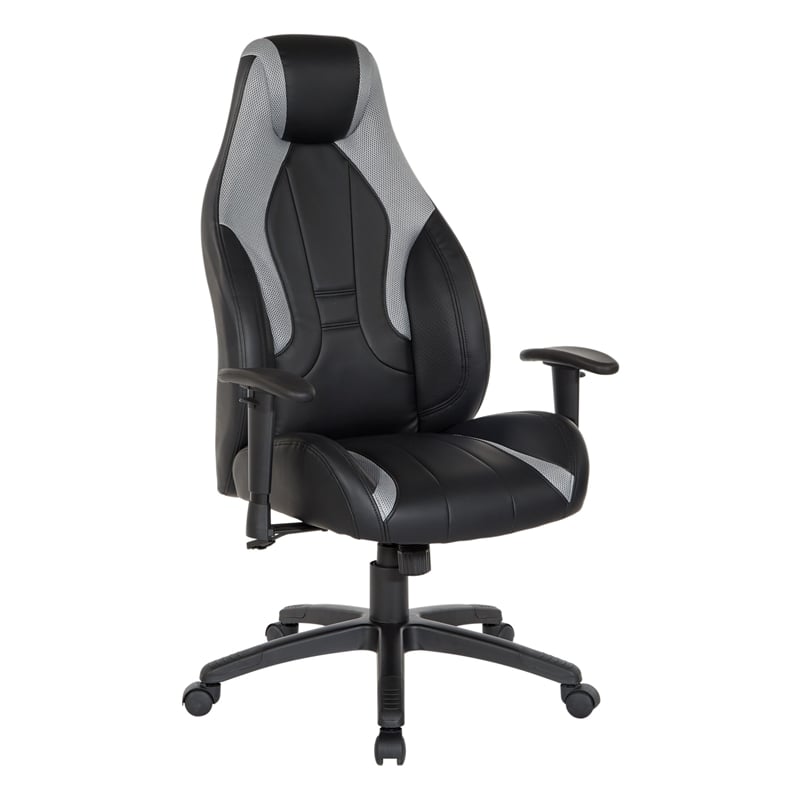 Pemberly Row Gaming Chair in Black Faux Leather and Gray Accents