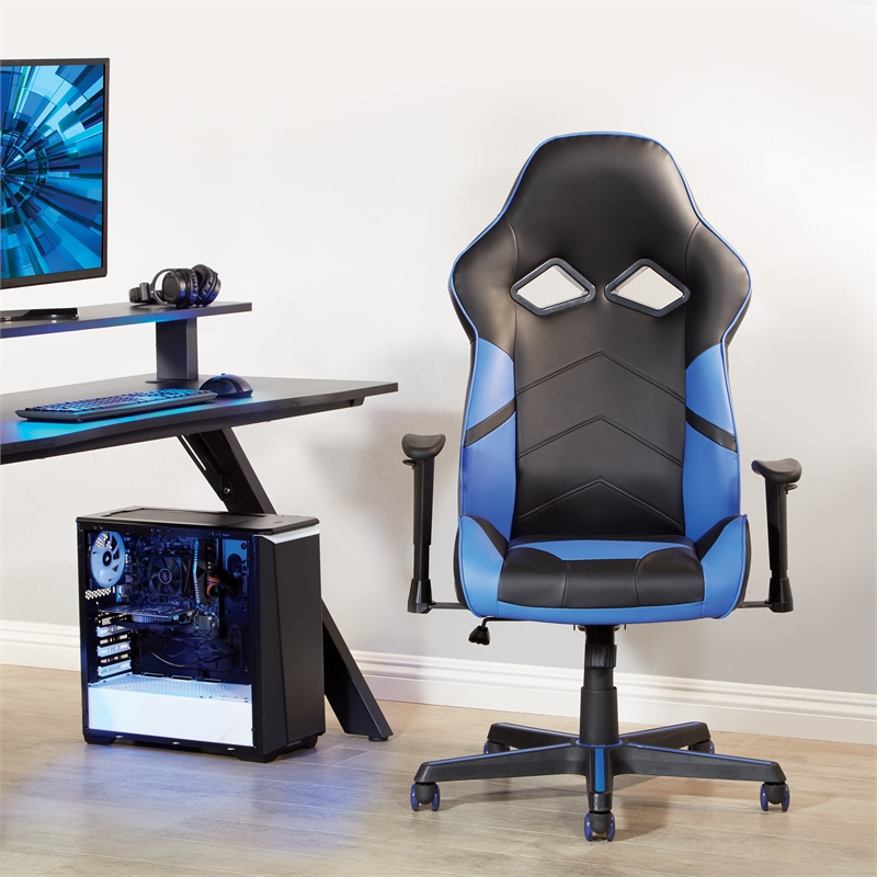 Pemberly Row Gaming Chair in Black Faux Leather with Blue Accents