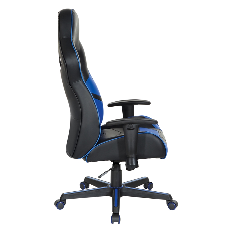 Pemberly Row Gaming Chair in Black Faux Leather with Blue Accents