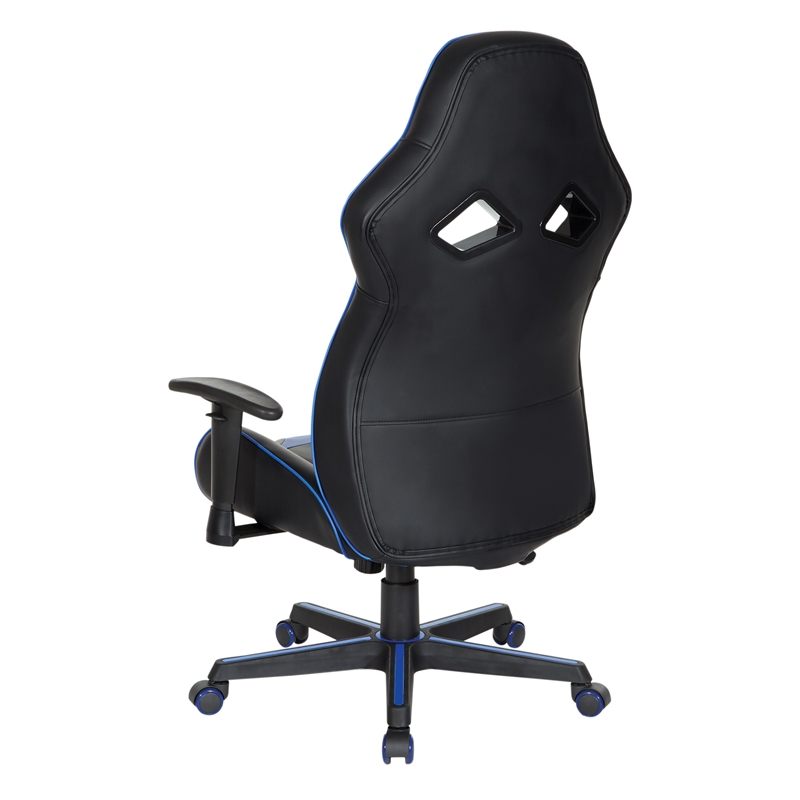 Pemberly Row Gaming Chair in Black Faux Leather with Blue Accents