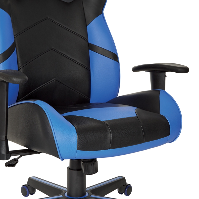 Pemberly Row Gaming Chair in Black Faux Leather with Blue Accents